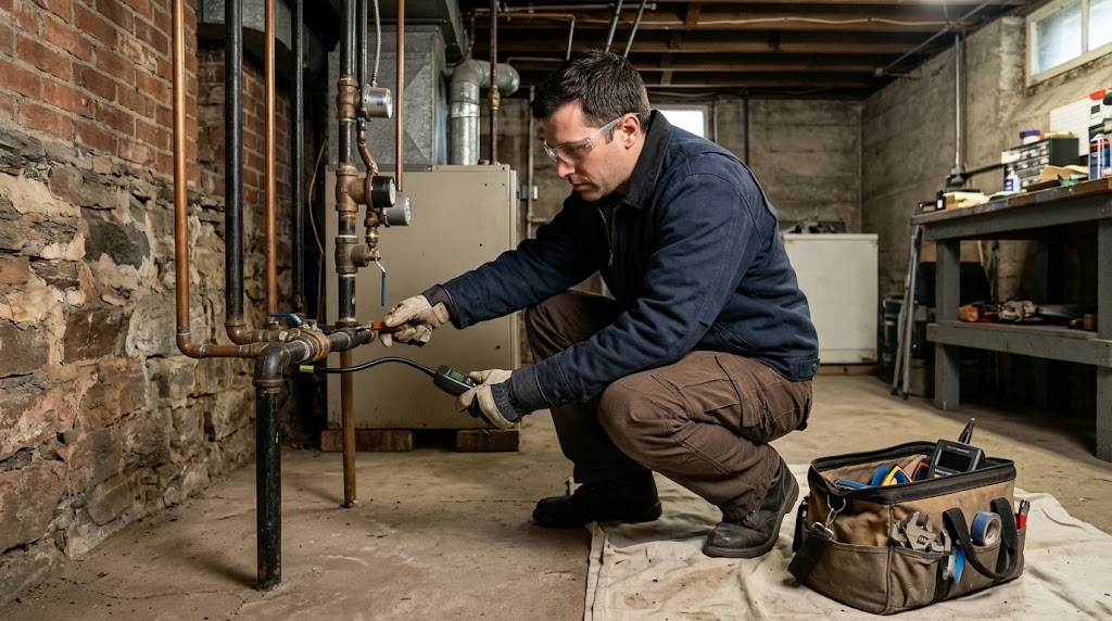 Natural gas line pressure testing and electronic leak detection inspection in New Dorp, Staten Island