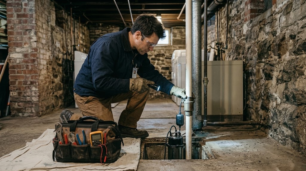 Submersible sump pump installation and dual battery backup system in New Dorp, Staten Island
